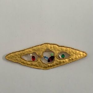 80s signed JJ Rhinestone Textured Gold Tone Abstract Diamond Brooch Vintage